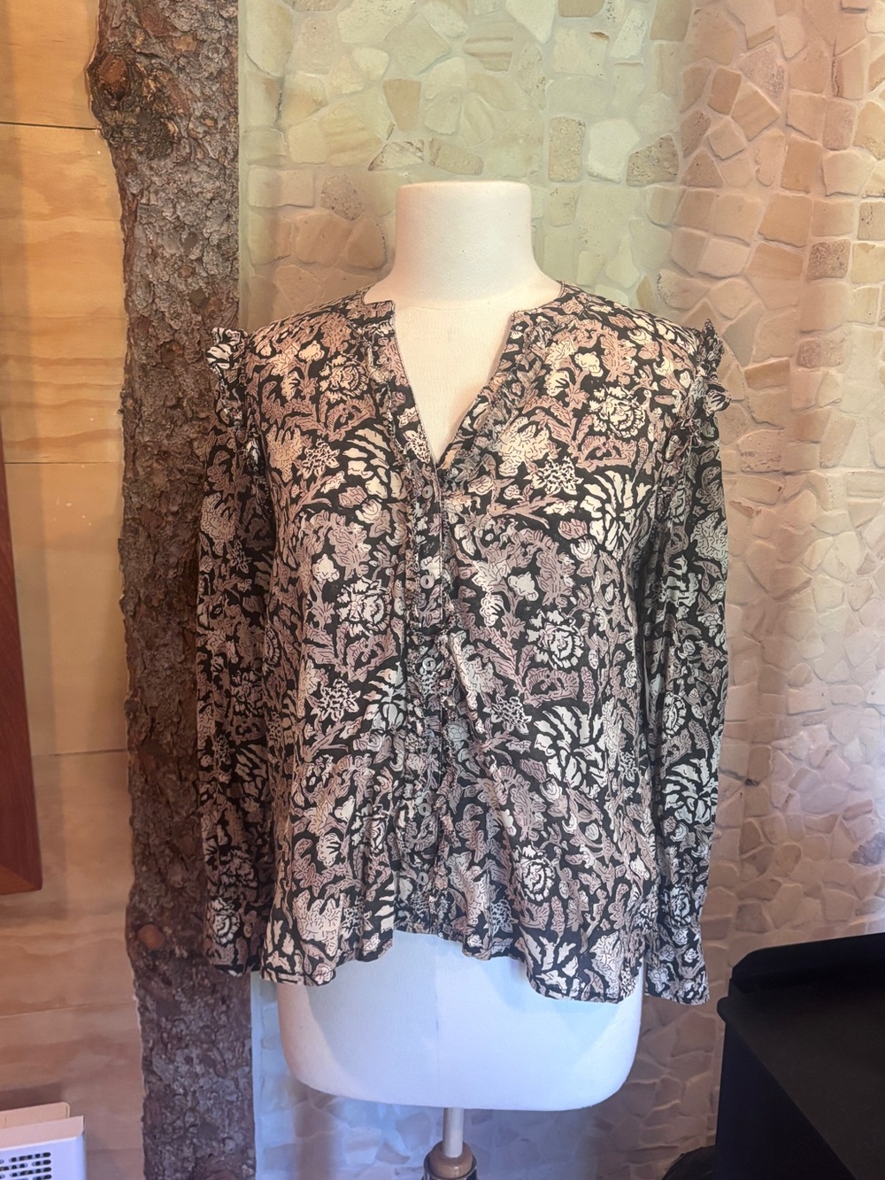 Cleobella Black and Cream Floral V-Neck Long Sleeve Blouse